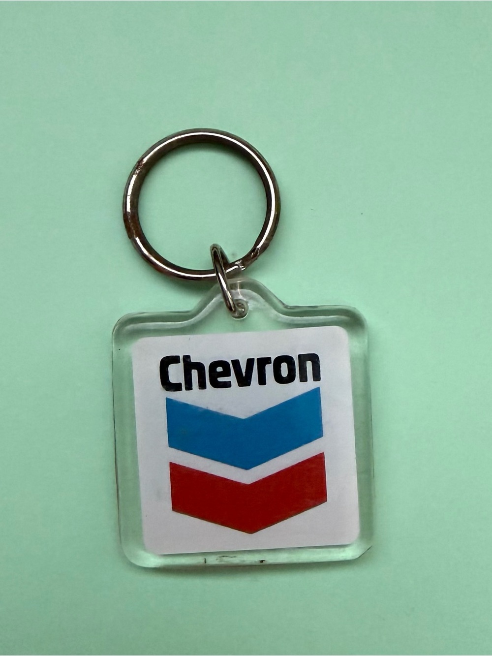 Chevron Keyring Keychain Vintage Acrylic Red Blue Logo 2 Sided Metal Ring Gas